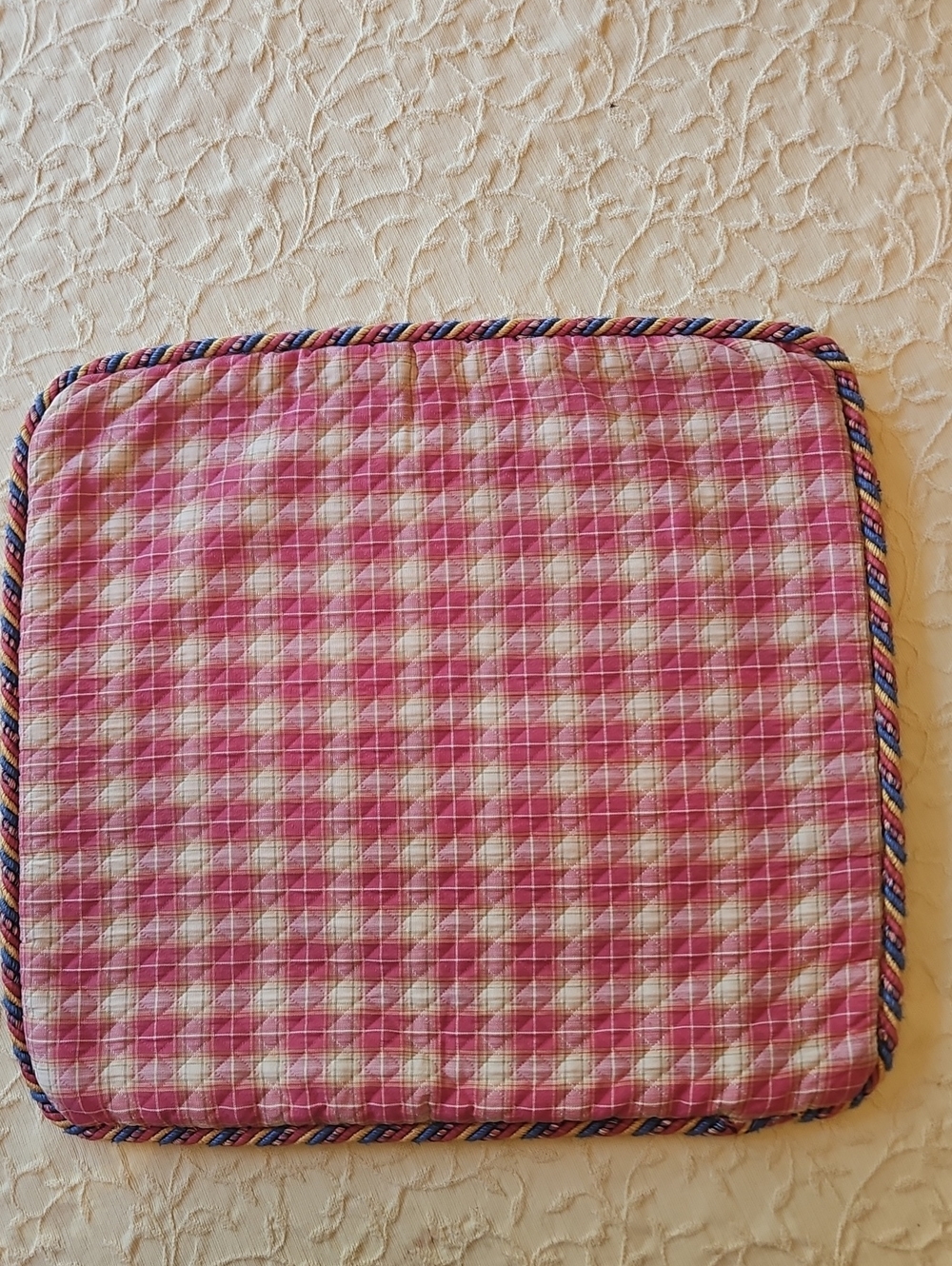 Pink Plaid Quilted Accent Seat Cushion with Multicolor Rope Trim